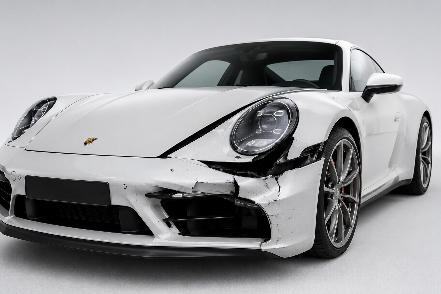 Weißer Porsche 911 mit Unfallschaden am vorderen Kotflügel und Scheinwerfer